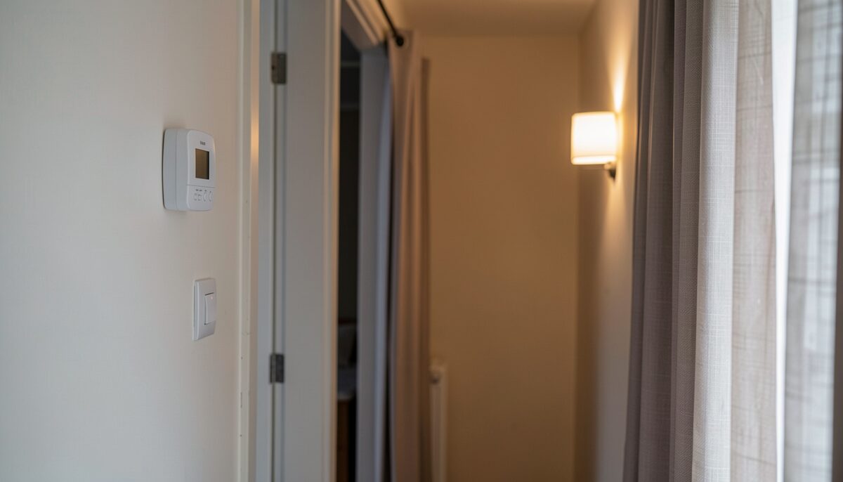 A home hallway with a thermostat on the wall, closed curtains and a low energy lamp switched on