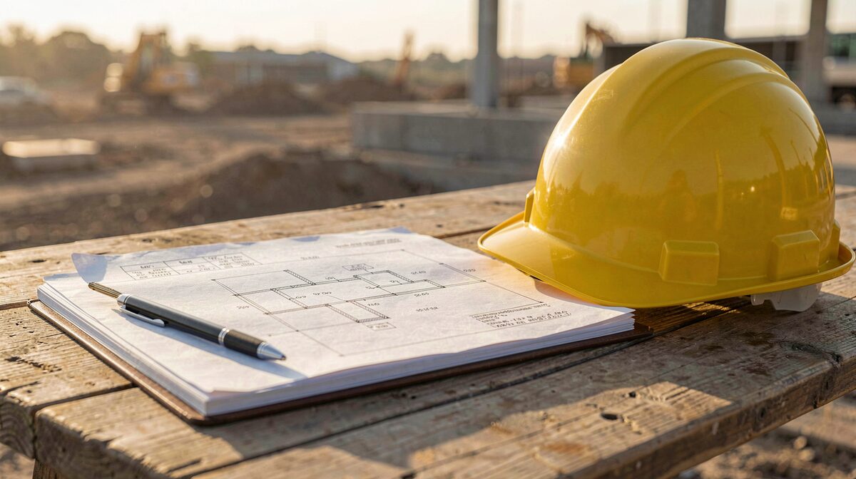 Cuaderno de obra abierto sobre una mesa de cantier con plano y casco, luz natural de tarde, plano cercano.