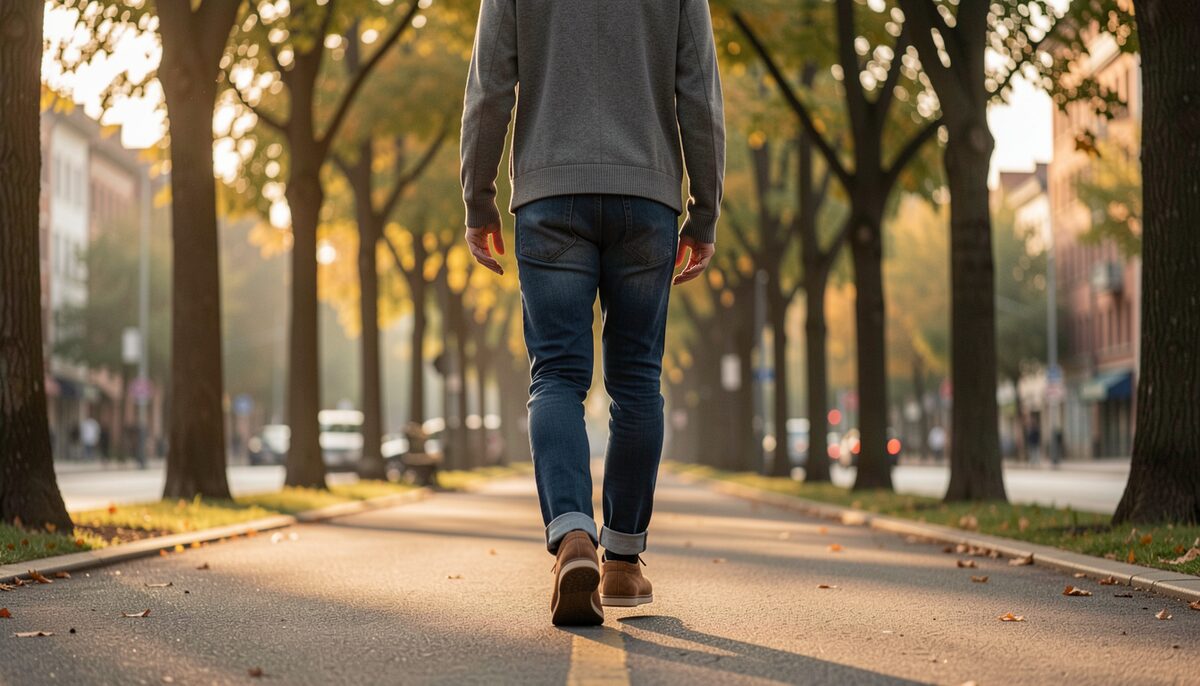 A person in comfortable shoes walking along a tree lined urban path at golden hour, seen from behind