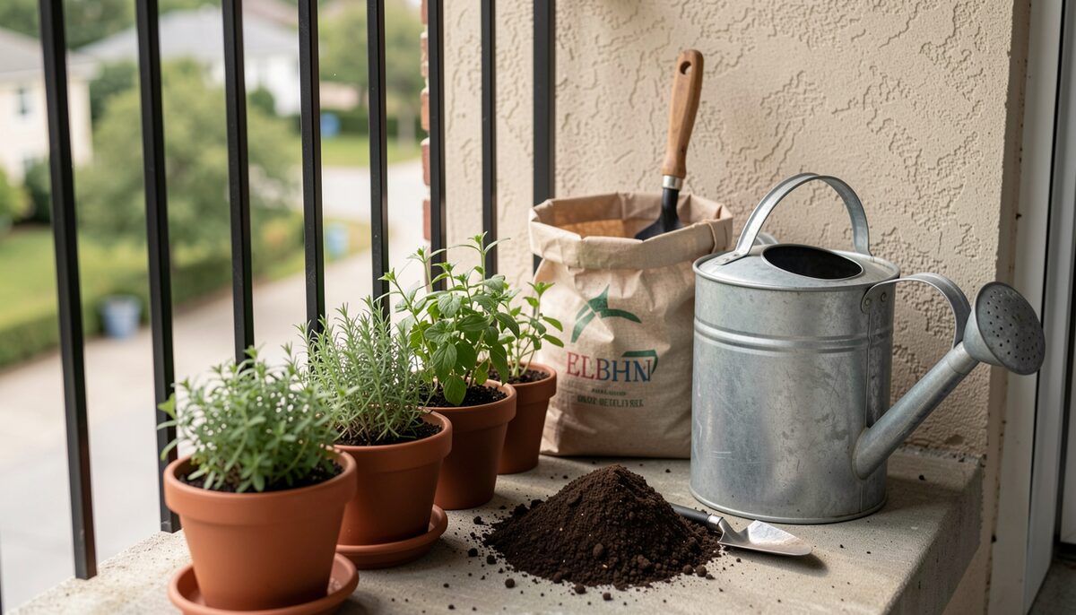 A balcony with small pots of herbs, a trowel and a bag of soil beside a watering can