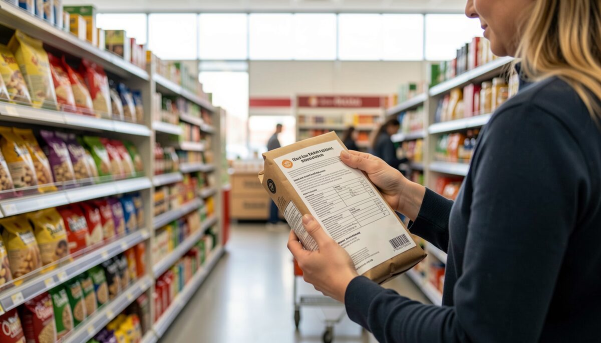 A supermarket aisle where a shopper holds a package and reads the printed label