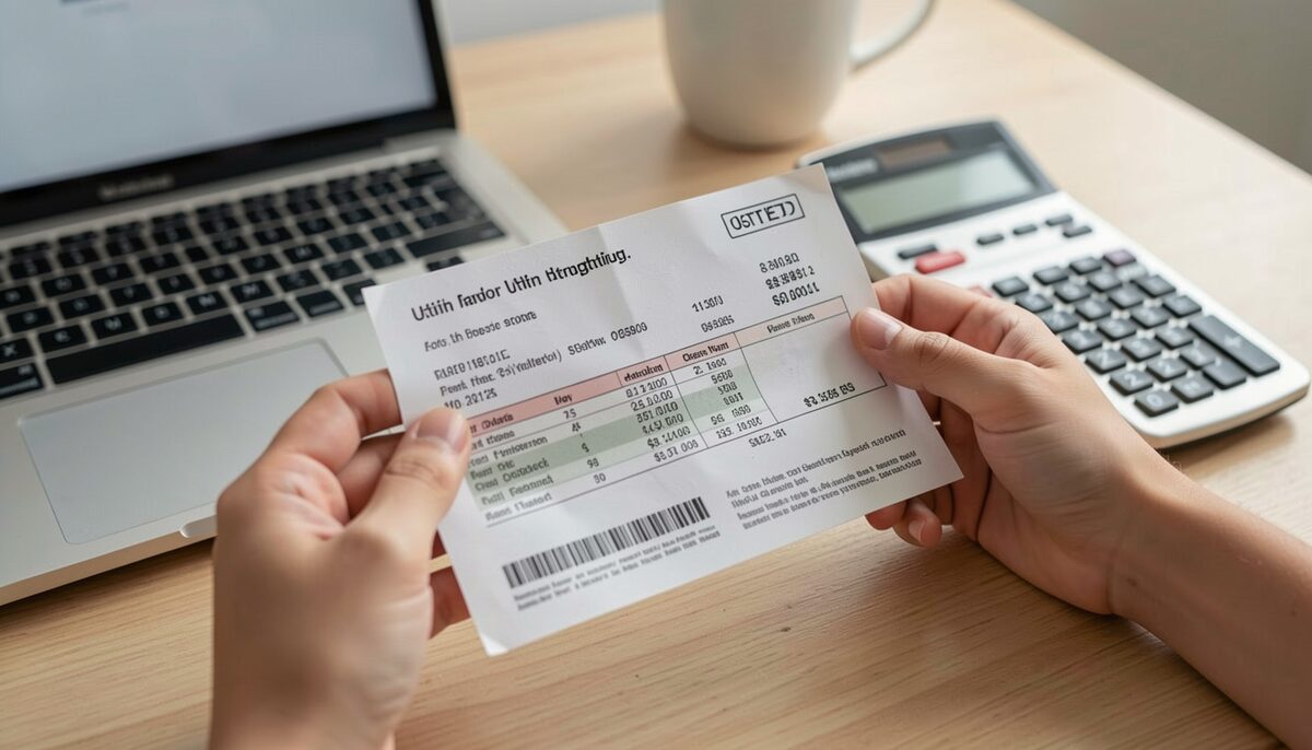 Hands holding a printed utility bill on a table next to a laptop and a calculator