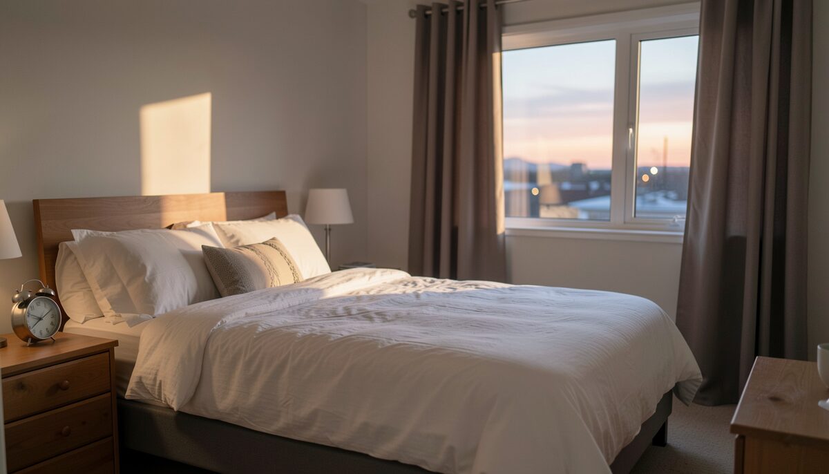 A tidy bedroom at dusk with the bed made, curtains drawn and a clock on the nightstand
