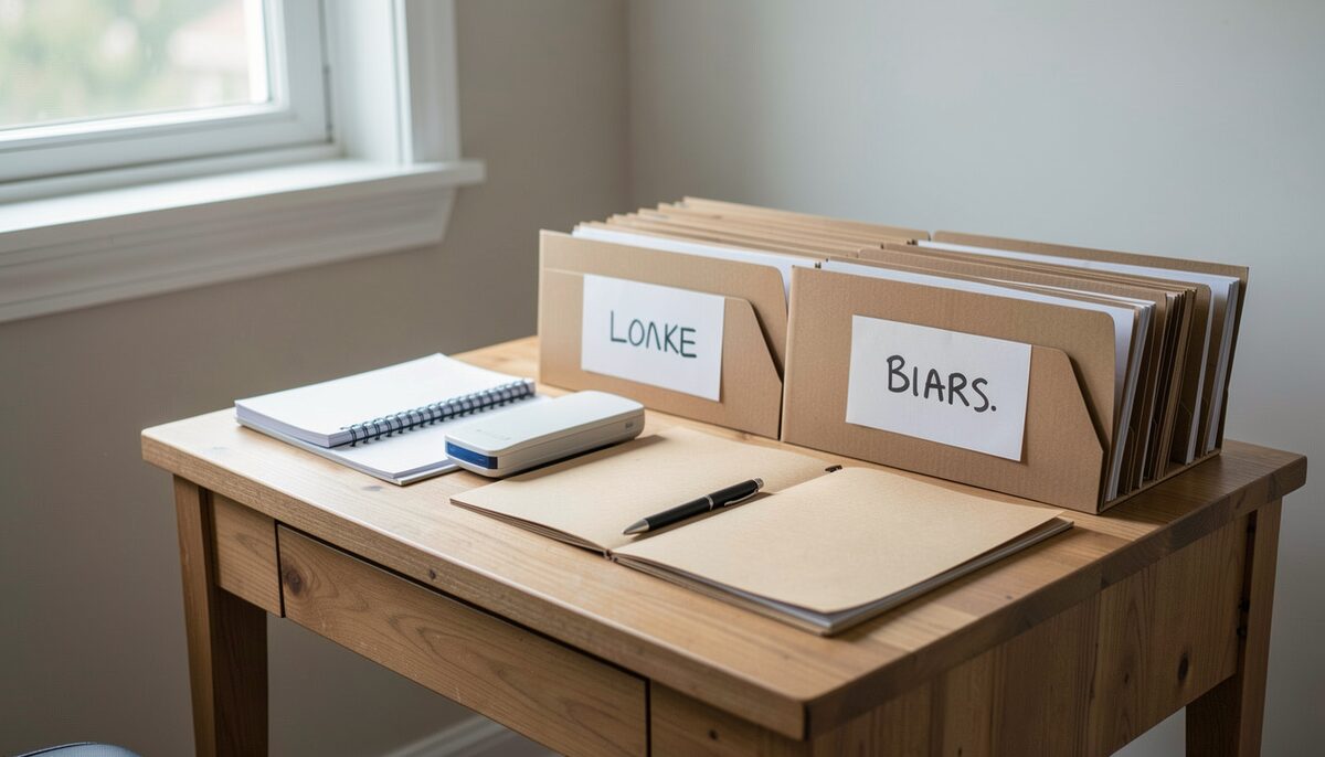 A wooden desk with labelled cardboard folders, a pen and a small scanner, morning light from a window