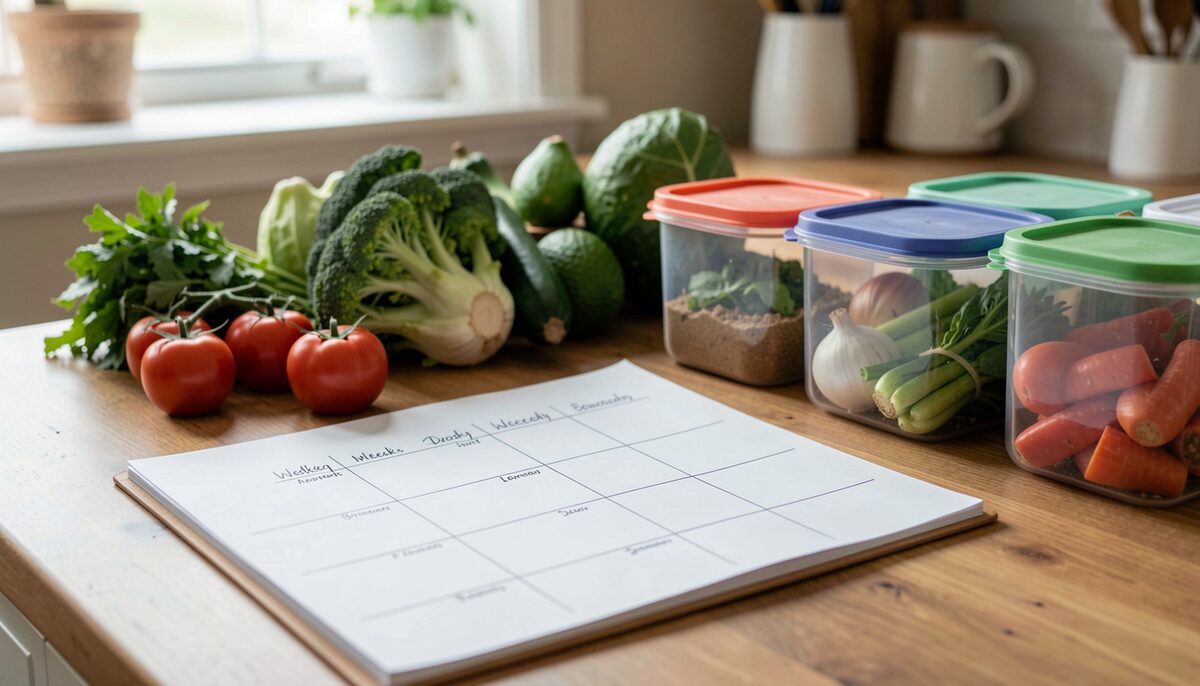 A kitchen counter with a handwritten weekly planner, fresh vegetables and reusable containers