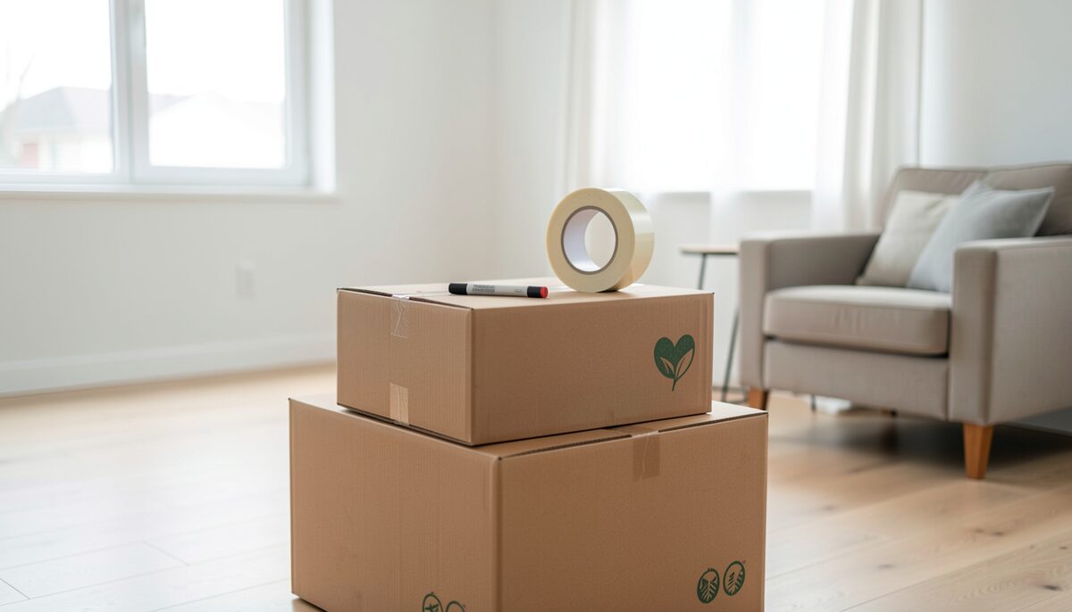 Stacked moving boxes in a bright empty living room with a roll of tape and marker on top