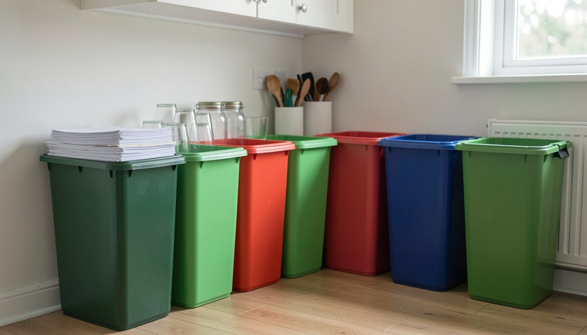A row of coloured recycling bins in a clean kitchen corner with sorted paper and glass