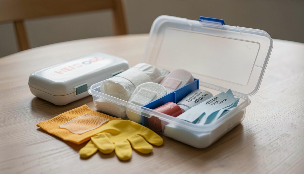 A basic first aid kit open on a table with bandages and gloves, no readable text visible
