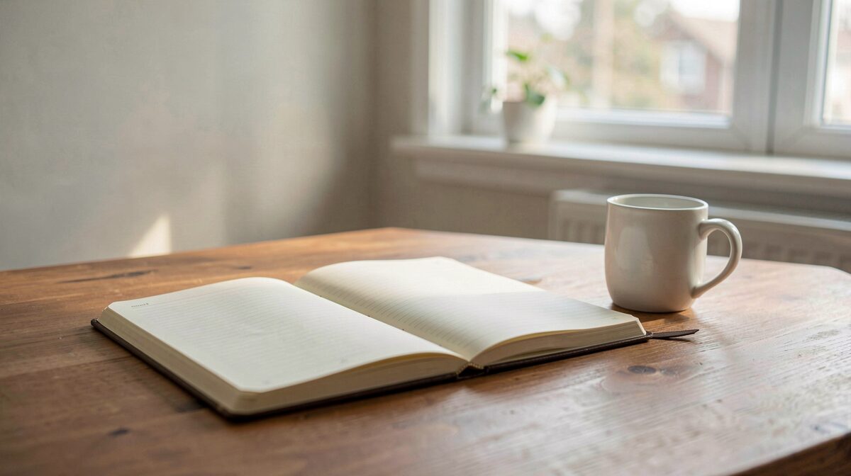 Un escritorio ordenado en casa con una libreta abierta, una taza y luz natural de mañana entrando por una ventana, encuadre a media distancia.