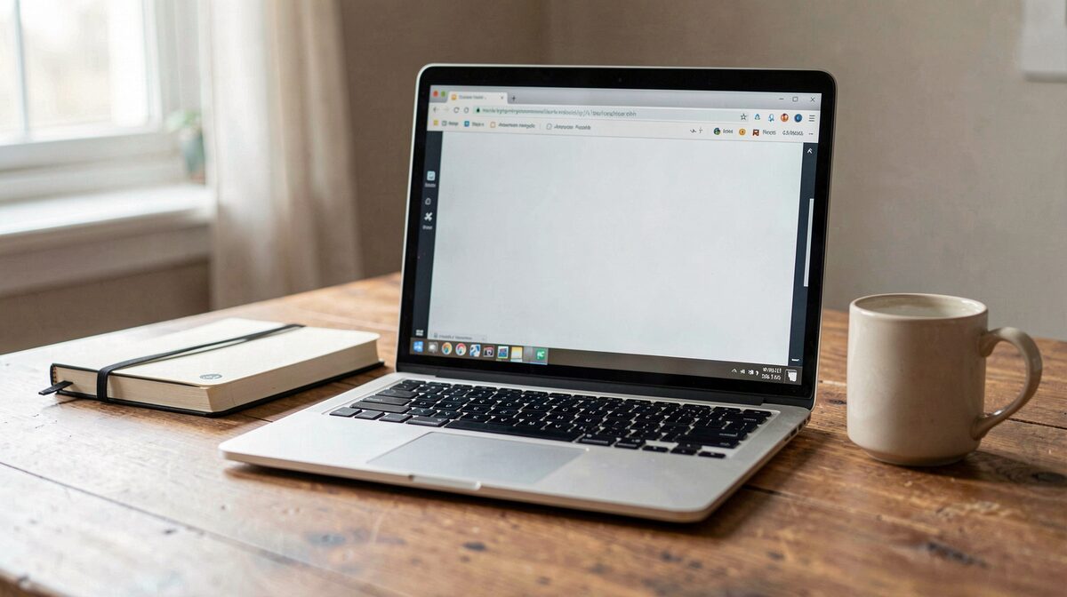 Un portátil abierto sobre una mesa de madera en una habitación con luz natural lateral, la pantalla muestra una pestaña de navegador en blanco y junto al teclado hay un cuaderno y una taza