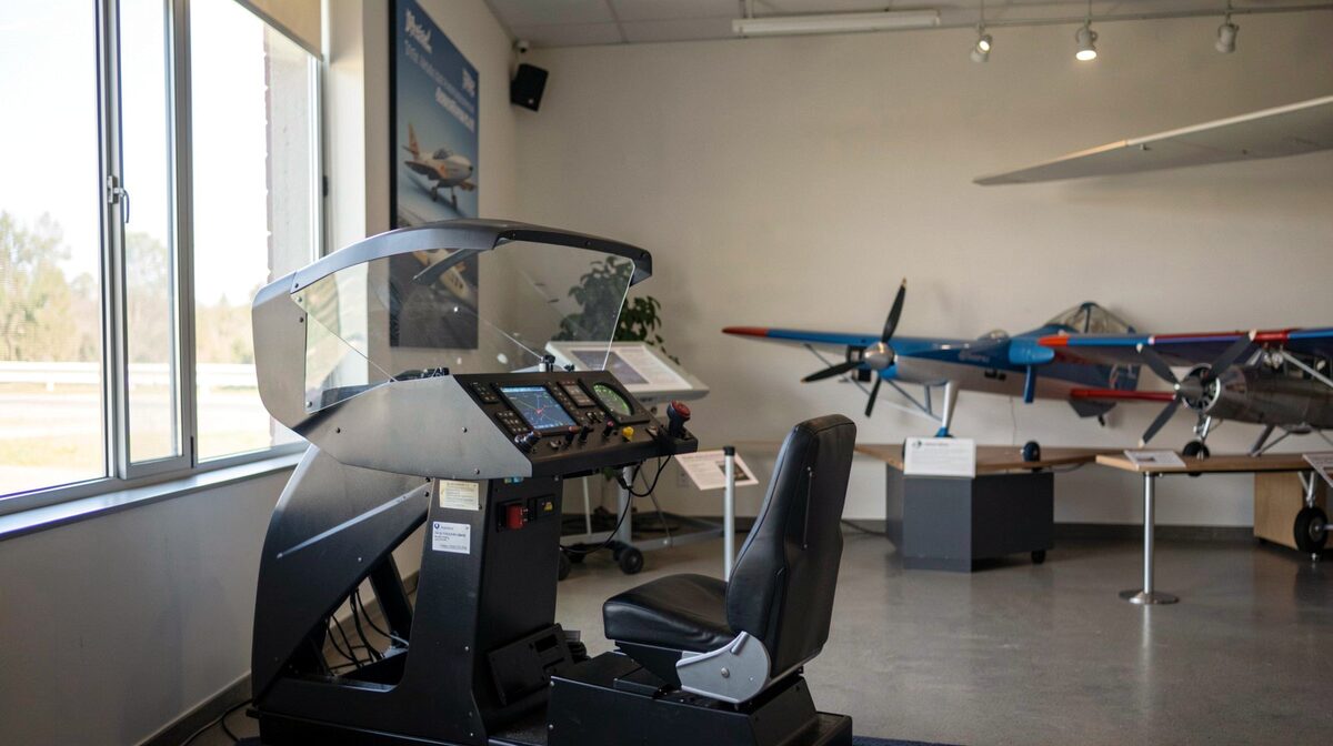 Interior de una sala de museo de aviación con un simulador de vuelo y maquetas de aviones, luz natural suave entrando por una ventana lateral, encuadre horizontal a media altura