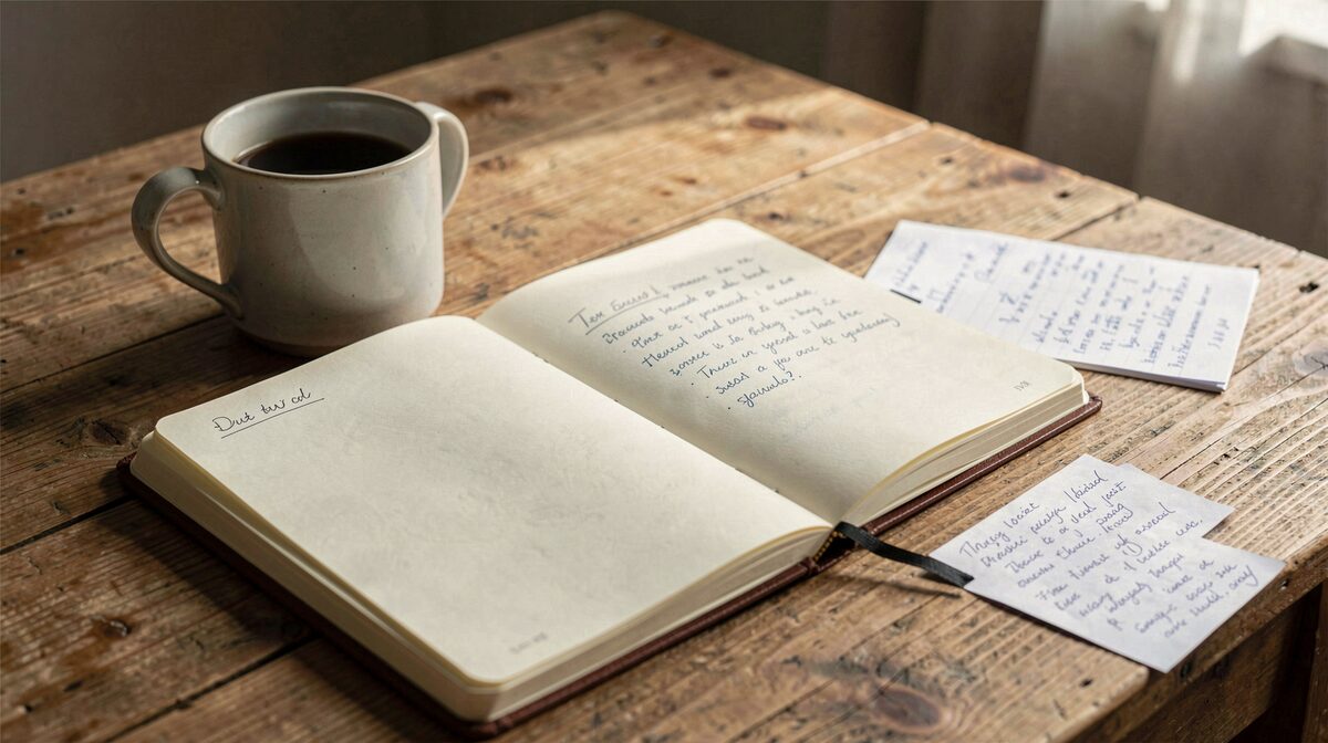 Cuaderno abierto sobre una mesa de madera junto a una taza y notas manuscritas, luz natural lateral de tarde