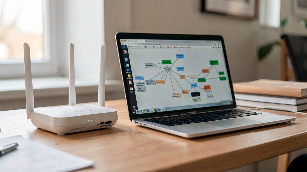Un router Wi-Fi sobre una mesa de trabajo con un portátil abierto mostrando diagramas de red, luz natural lateral, encuadre medio.