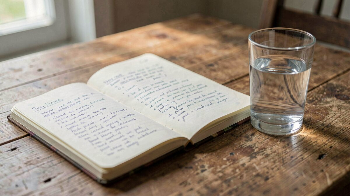 Una mesa de madera con un cuaderno abierto y apuntes escritos a mano, junto a un vaso de agua, con luz natural suave de mañana y encuadre cercano.