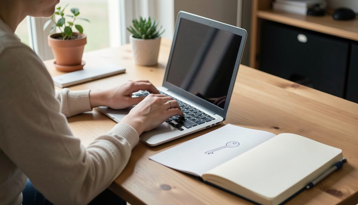 A person typing on a laptop at a desk with a notebook and a small key icon drawn on paper